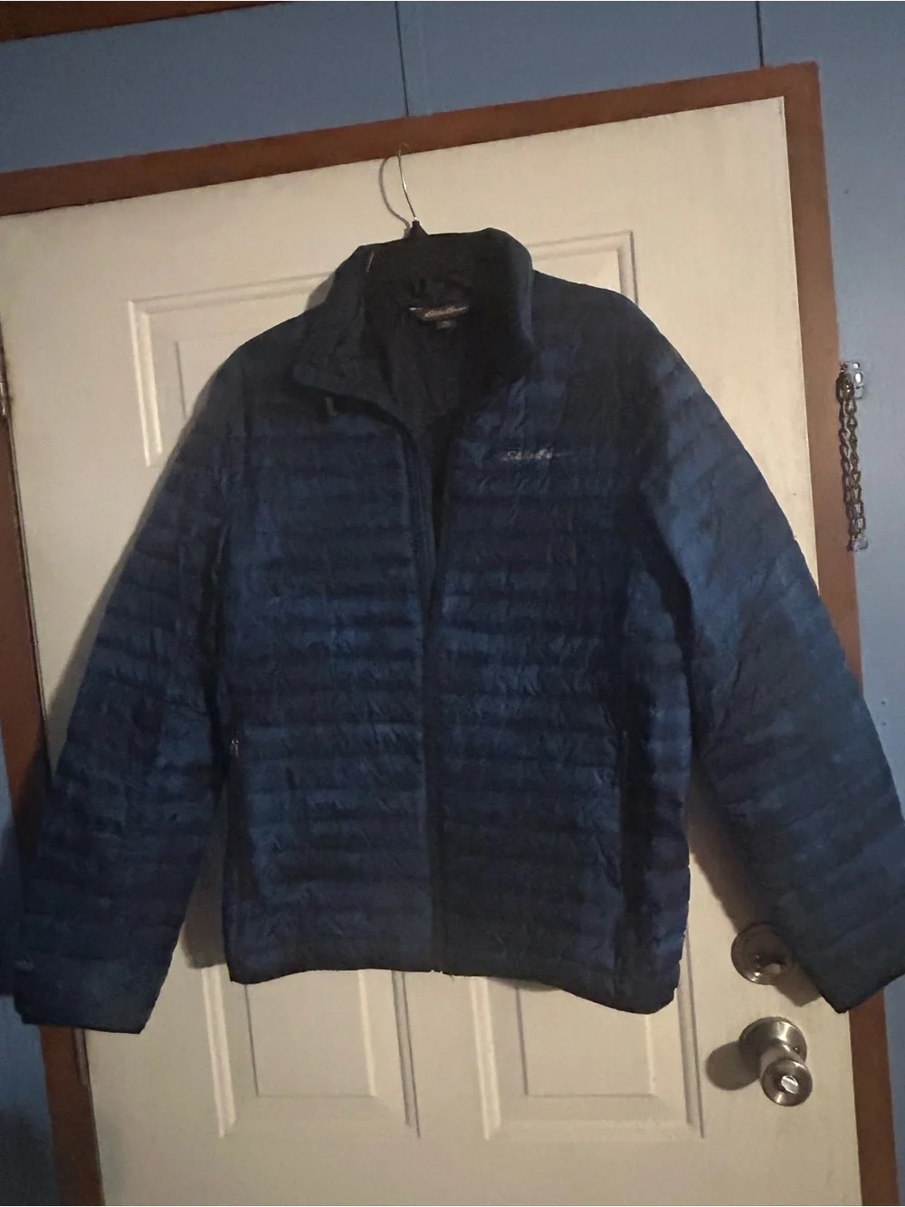 Eddie Bauer Men’s Small Navy Blue Puffer Jacket Down Filled Full Zip Pockets